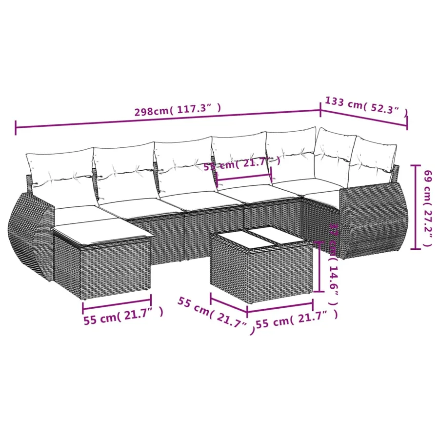 Salon de jardin 8 pcs avec coussins gris résine tressée - 9