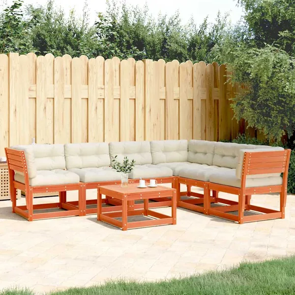 Salon de jardin 6 pcs avec coussins cire marron bois pin massif