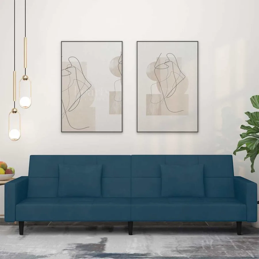 Canapé-lit à 2 places avec deux oreillers bleu velours