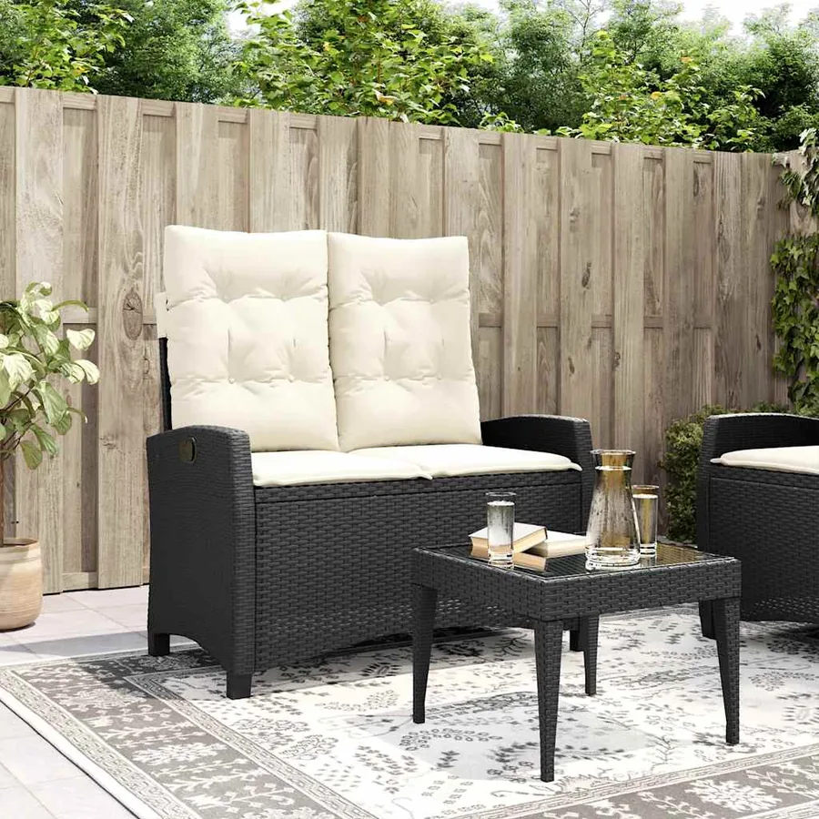 Banc inclinable de jardin avec coussins noir résine tressée