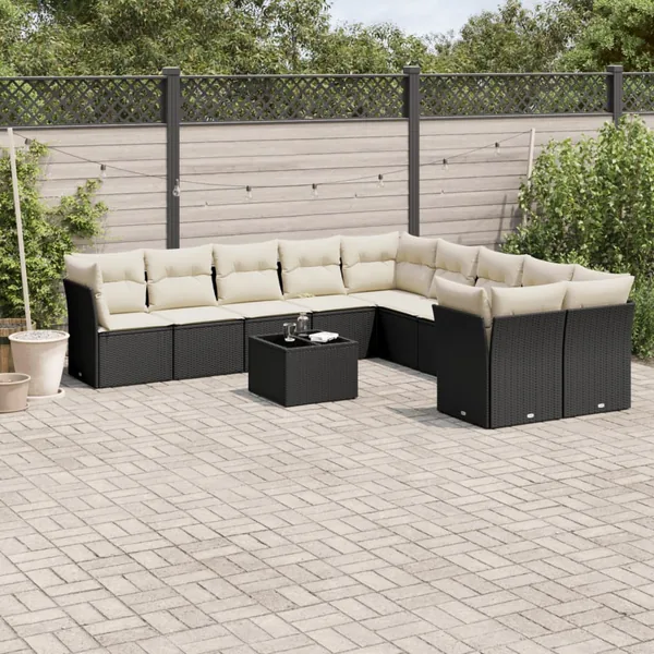 Salon de jardin 11 pcs avec coussins noir résine tressée