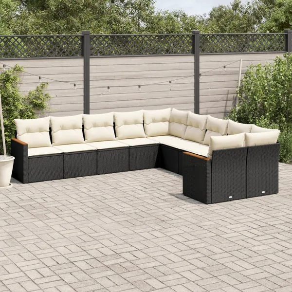 Salon de jardin 10 pcs avec coussins noir résine tressée