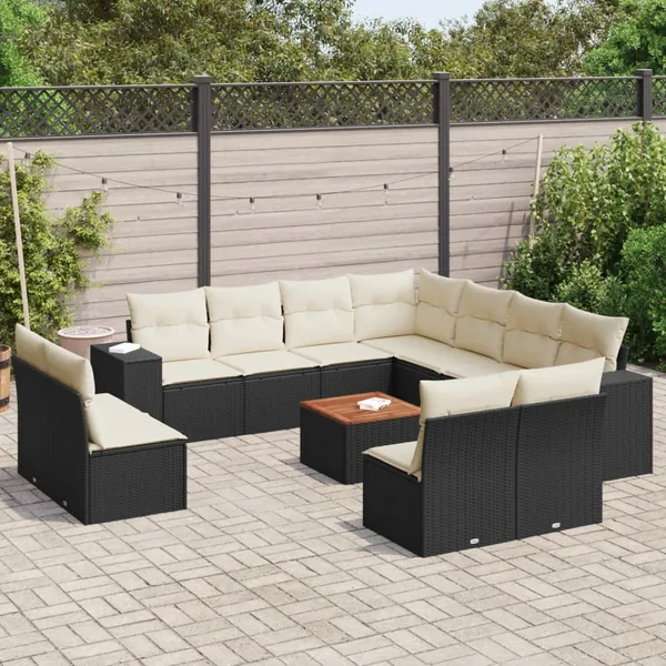 Salon de jardin 12 pcs avec coussins noir résine tressée