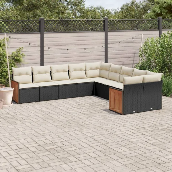 Salon de jardin 10 pcs avec coussins noir résine tressée