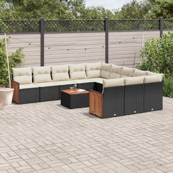 Salon de jardin 12 pcs avec coussins noir résine tressée