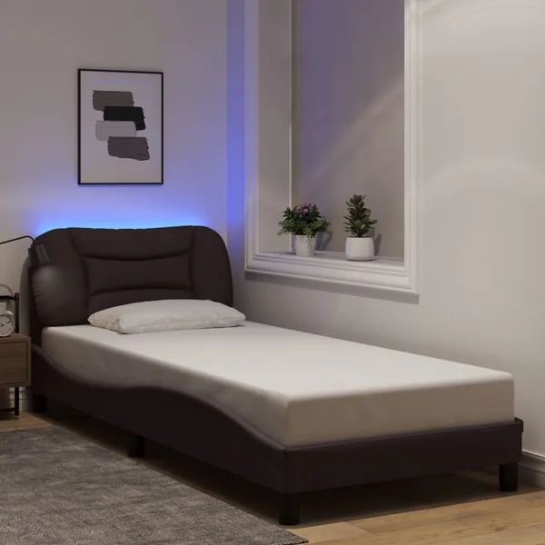 Cadre de lit avec LED sans matelas Hvar marron foncé 90x190 cm tissu
