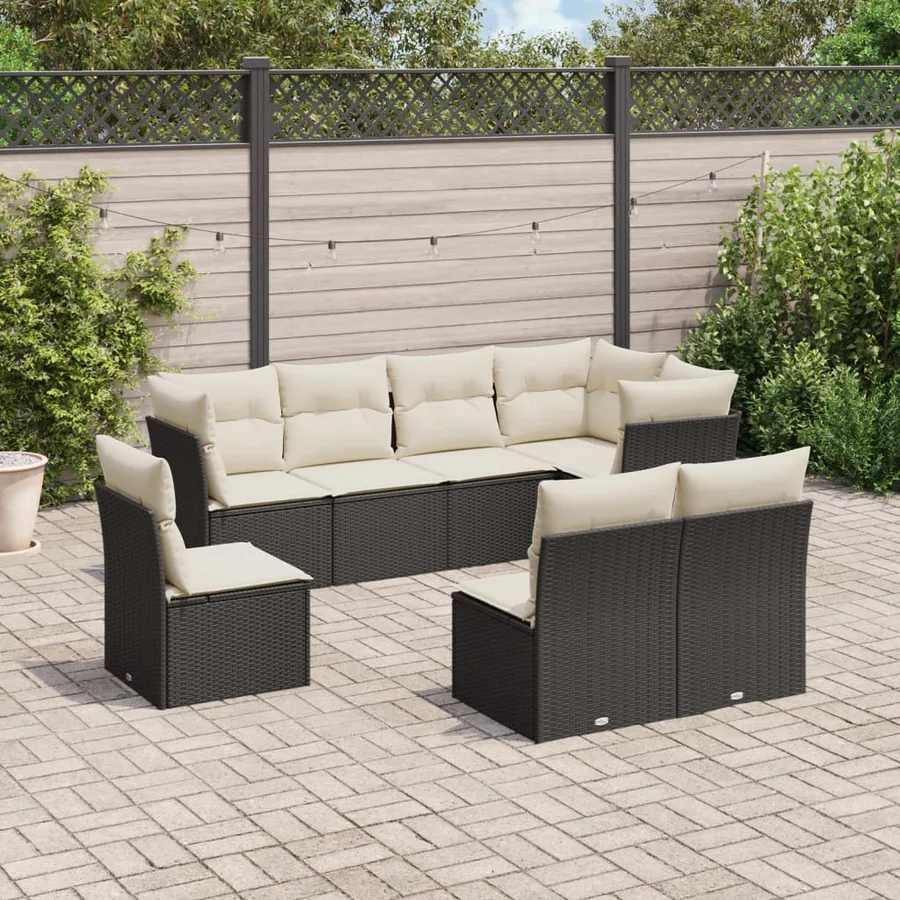 Salon de jardin 8 pcs avec coussins noir résine tressée