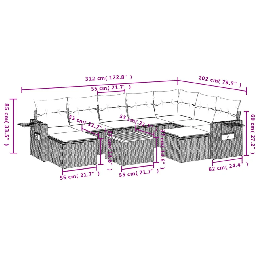 Salon de jardin avec coussins 10 pcs beige résine tressée - 3