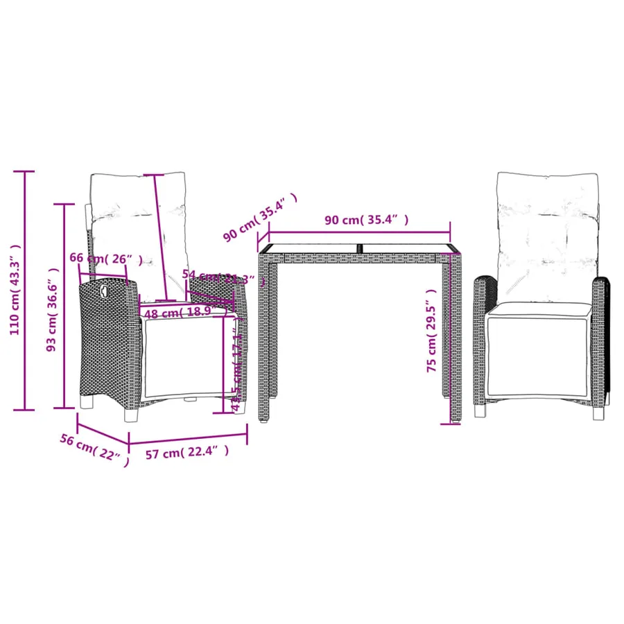 Ensemble à manger de jardin avec coussins 3 pcs Noir - 9