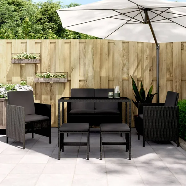 Ensemble à manger de jardin coussins 6pcs noir résine tressée