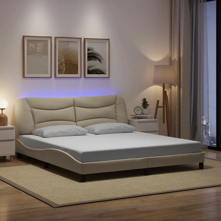 Cadre de lit avec LED sans matelas Hvar crème 180x200 cm tissu