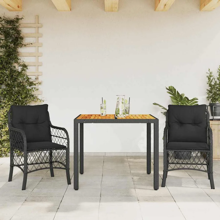 Ensemble de bistro 3 pcs avec coussins noir résine tressée