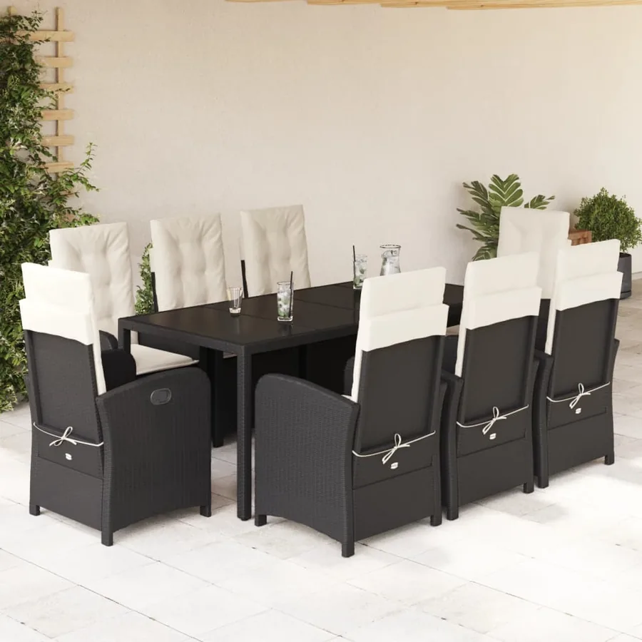 Ensemble à manger de jardin 9pcs coussins noir résine tressée