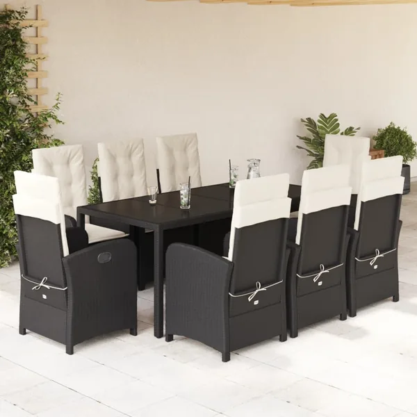 Ensemble à manger de jardin 9pcs coussins noir résine tressée