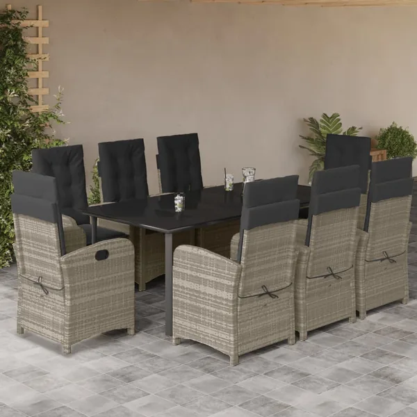 Ensemble à manger de jardin et coussins 9 pcs gris clair rotin