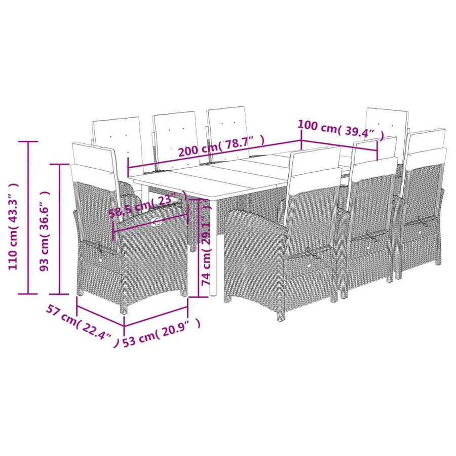 Ensemble à manger de jardin et coussins 9 pcs gris clair rotin - 9