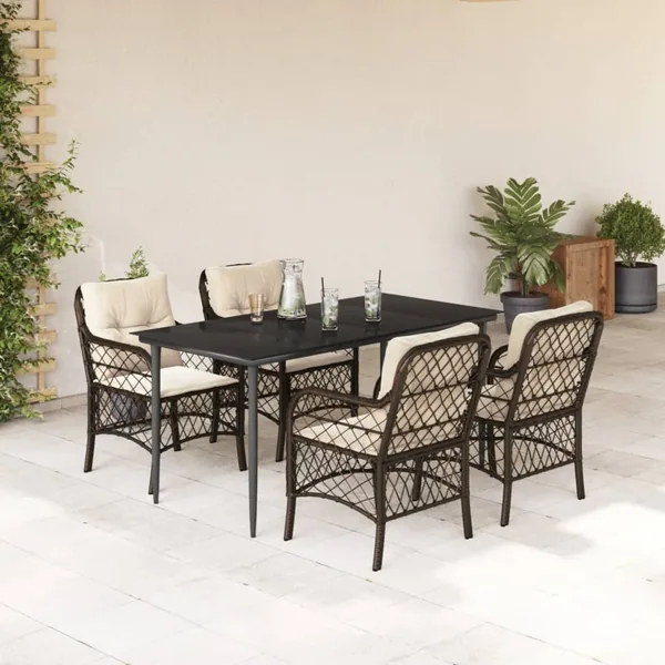 Ensemble à manger de jardin 5 pcs et coussins marron poly rotin