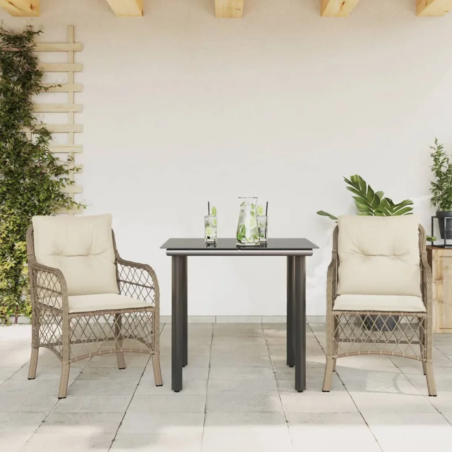 Ensemble de bistro 3 pcs avec coussins beige résine tressée