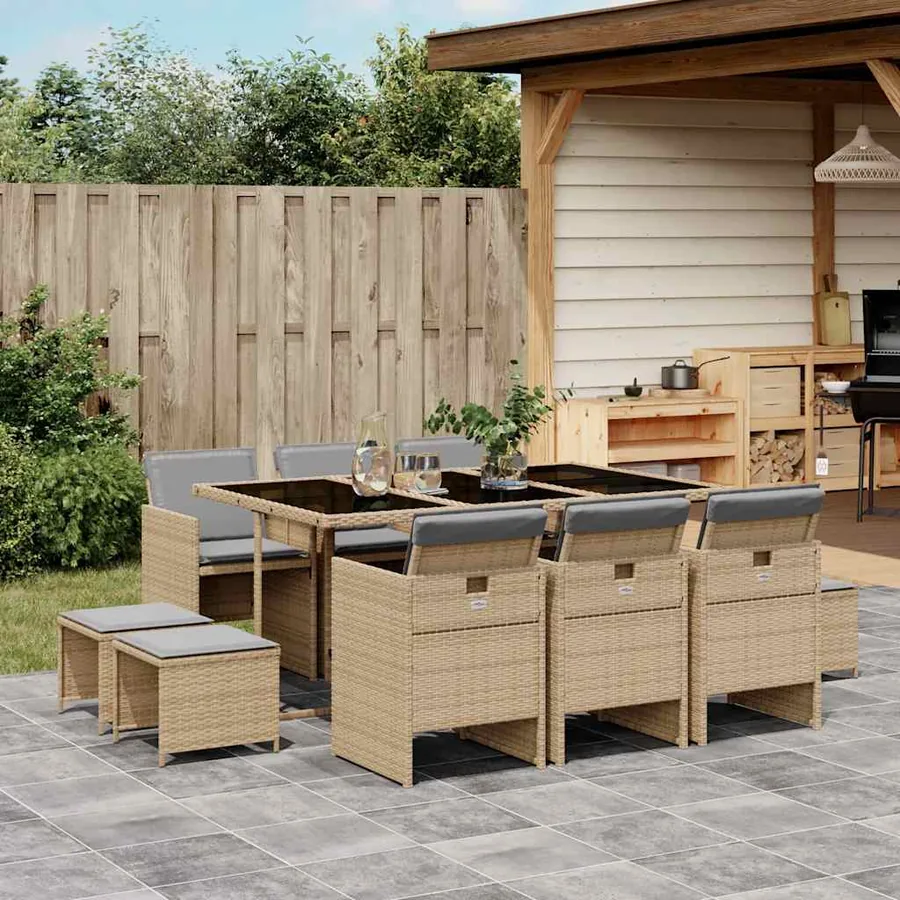 Ensemble à manger de jardin et coussins 11 pcs mélange beige