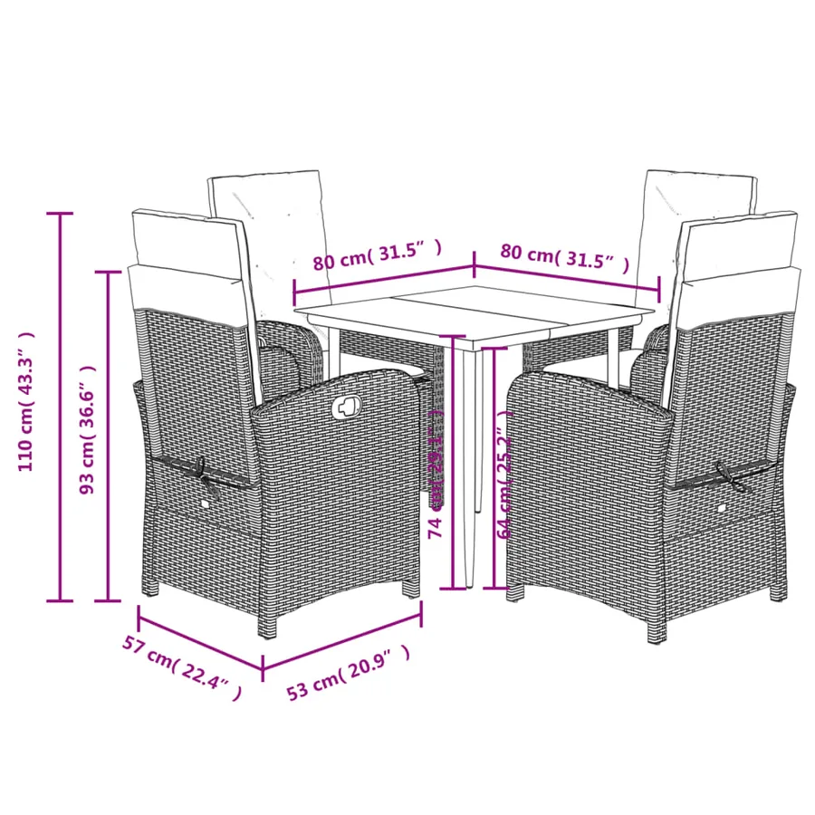 Ensemble à manger de jardin 5 pcs et coussins marron poly rotin - 9
