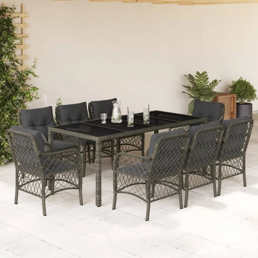 Ensemble à manger de jardin 9 pcs coussins gris résine tressée