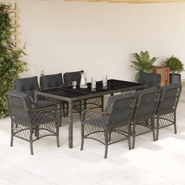 Ensemble à manger de jardin 9 pcs coussins gris résine tressée