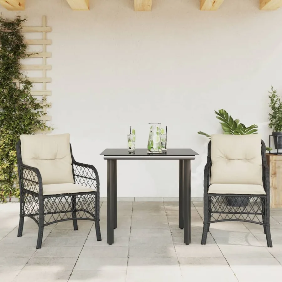 Ensemble de bistro 3 pcs avec coussins noir résine tressée