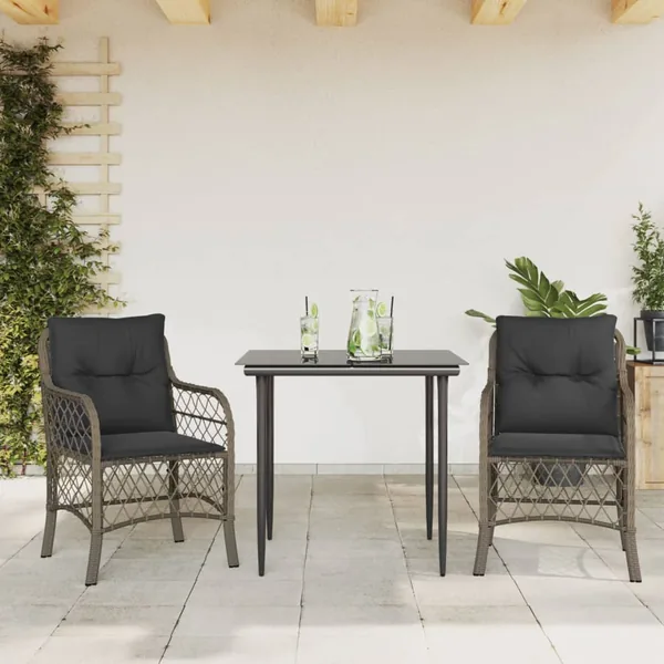 Ensemble de bistro 3 pcs avec coussins gris résine tressée