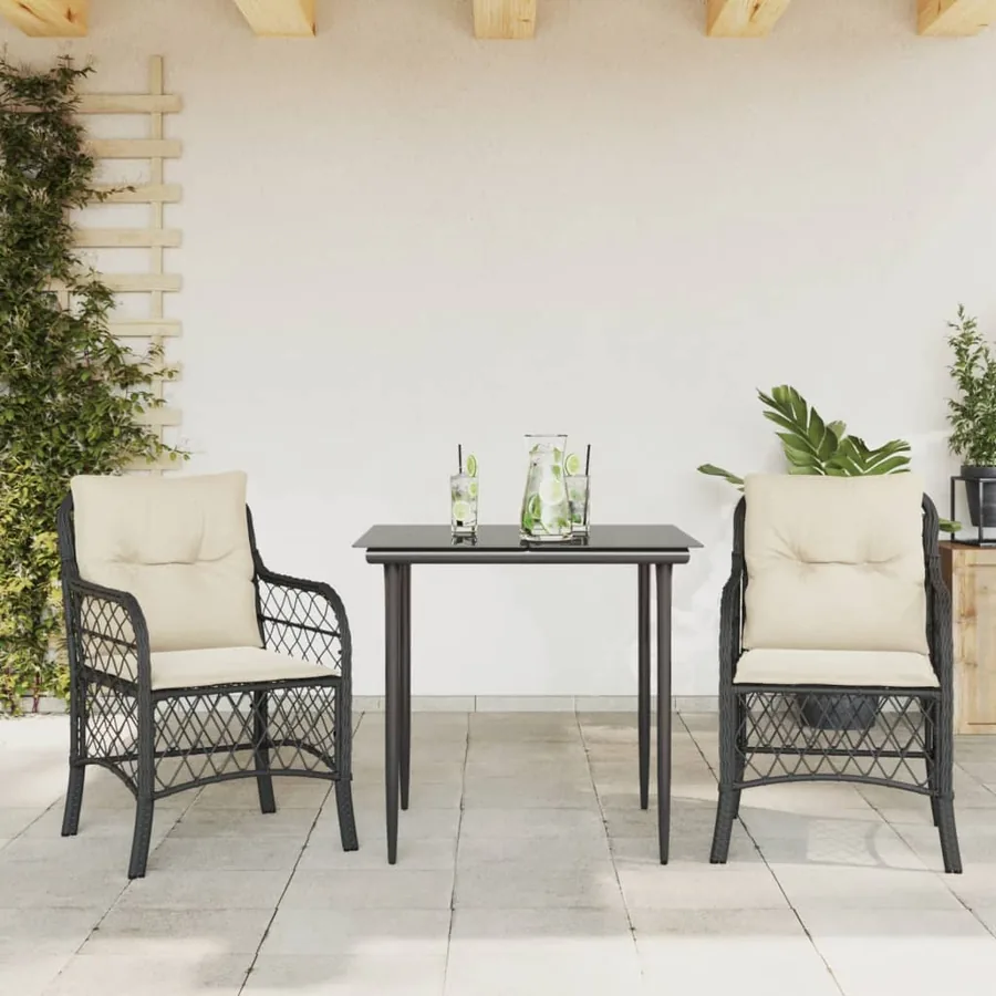 Ensemble de bistro 3 pcs avec coussins noir résine tressée