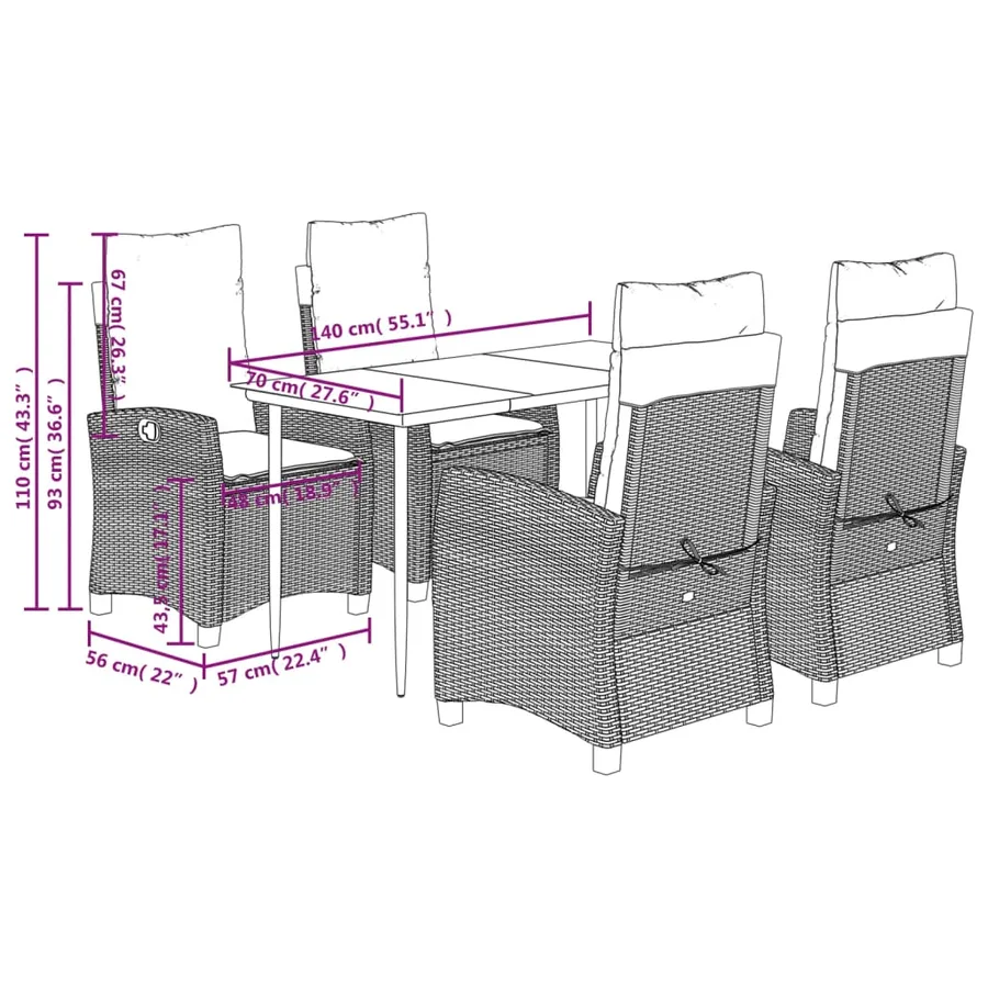 Ensemble à manger de jardin 5 pcs et coussins marron poly rotin - 9