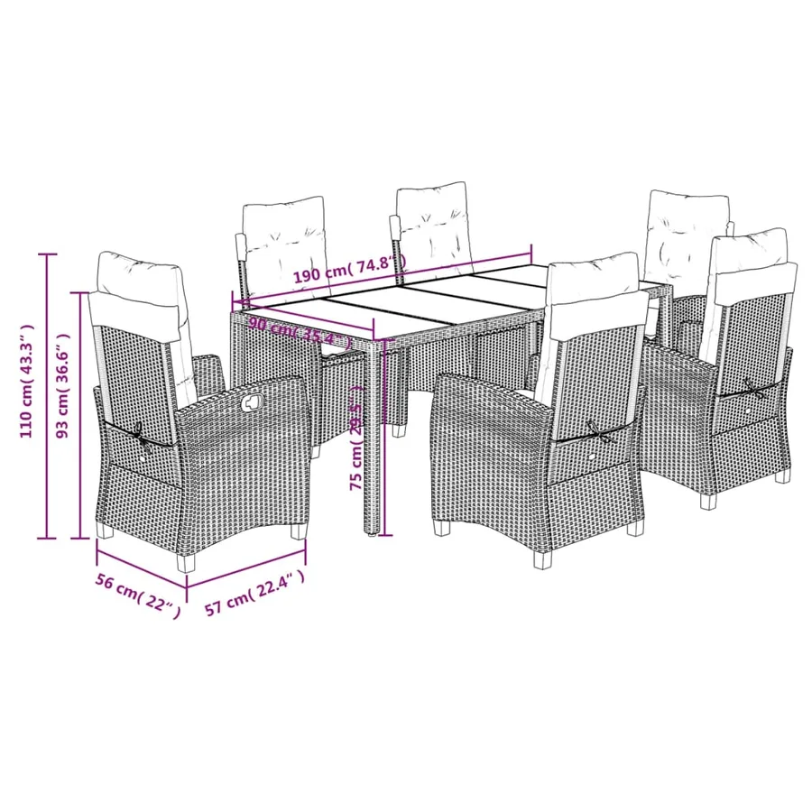 Ensemble à manger de jardin coussins 7pcs Noir Résine tressée - 9