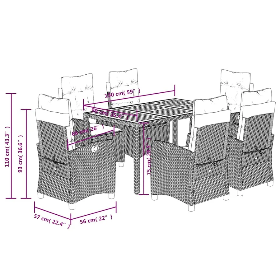 Ensemble à manger de jardin et coussins 7 pcs gris rotin - 12