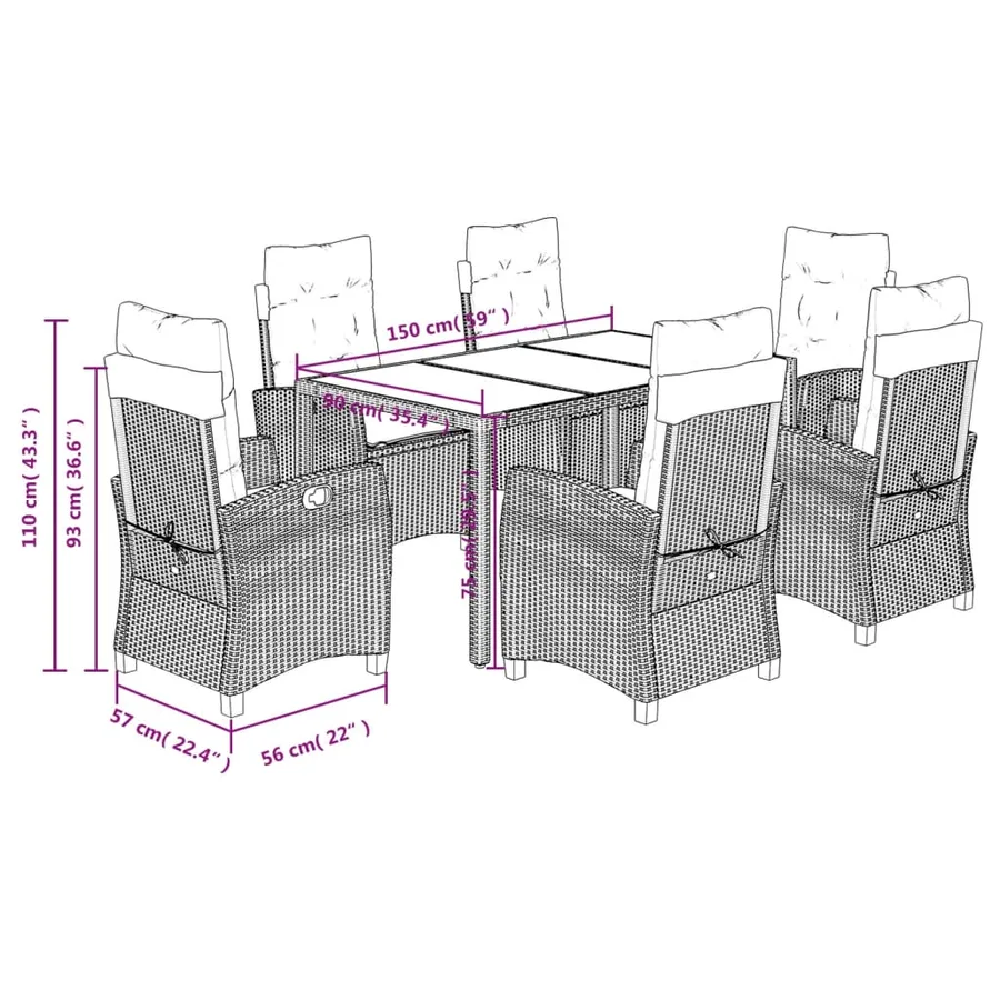 Ensemble à manger de jardin et coussins 7 pcs gris rotin - 9