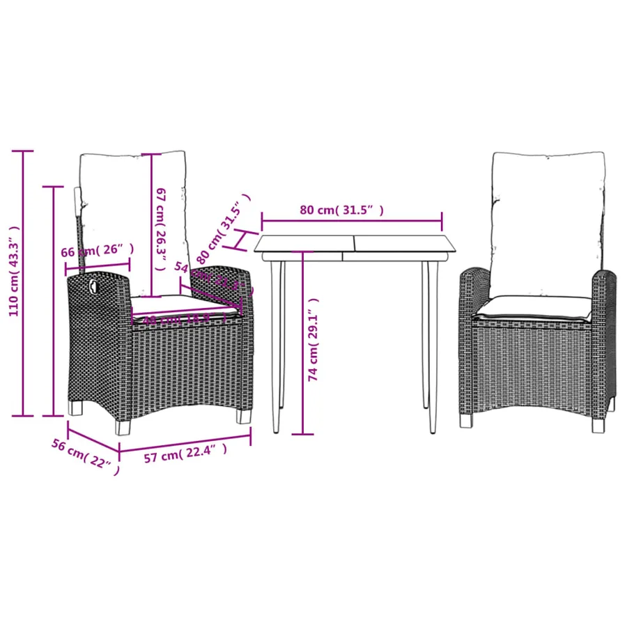Ensemble à manger de jardin 3pcs coussins gris clair poly rotin - 9
