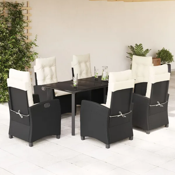 Ensemble à manger de jardin coussins 7pcs Noir Résine tressée
