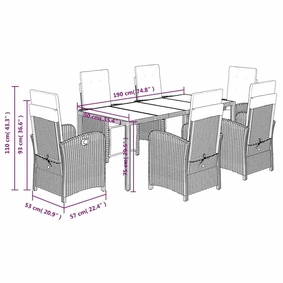 Ensemble à manger de jardin coussins 7pcs Noir Résine tressée - 9