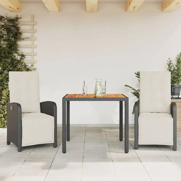 Ensemble de bistro 3 pcs avec coussins noir résine tressée