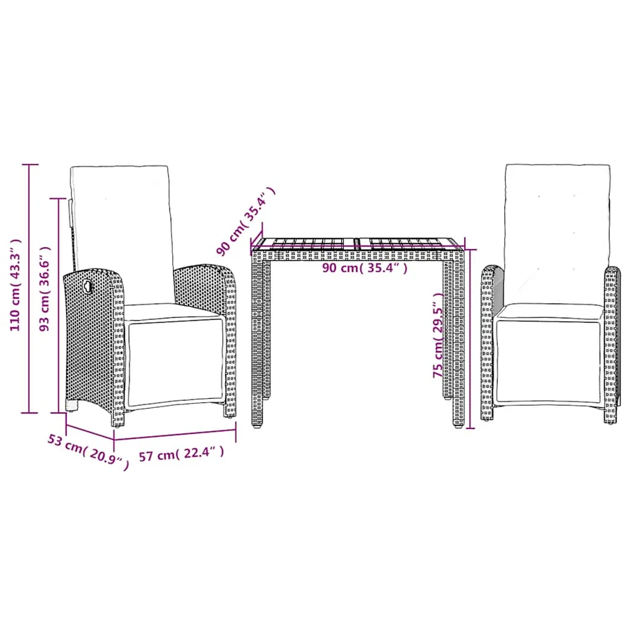 Ensemble de bistro 3 pcs avec coussins noir résine tressée - 9