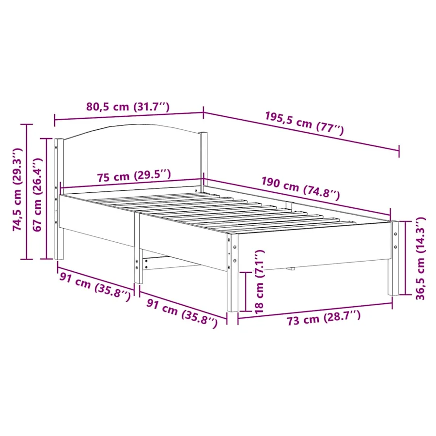Cadre de lit sans matelas cire marron 75x190 cm bois pin massif - 9