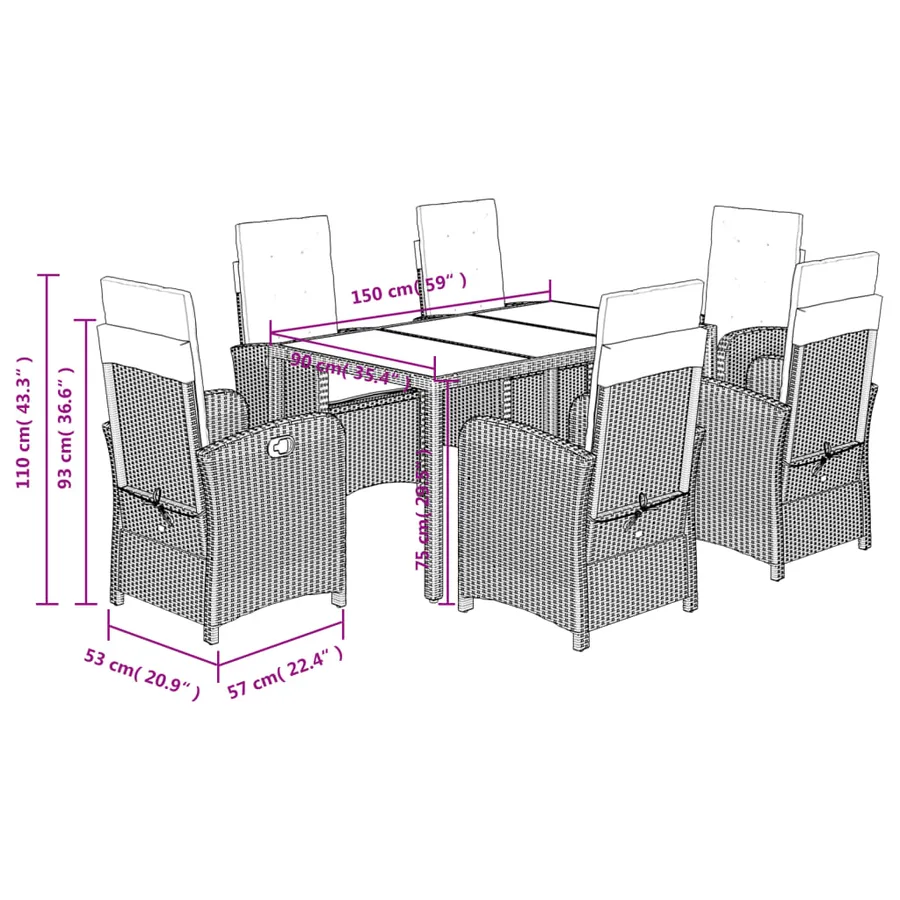 Ensemble à manger de jardin et coussins 7 pcs gris rotin - 12