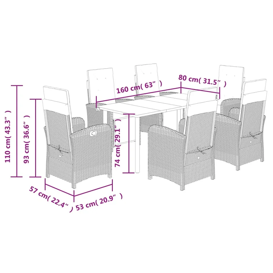 Ensemble à manger de jardin et coussins 7 pcs marron rotin - 9