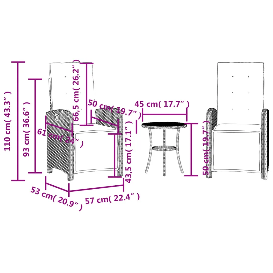 Ensemble de bistro 3 pcs avec coussins noir résine tressée - 15