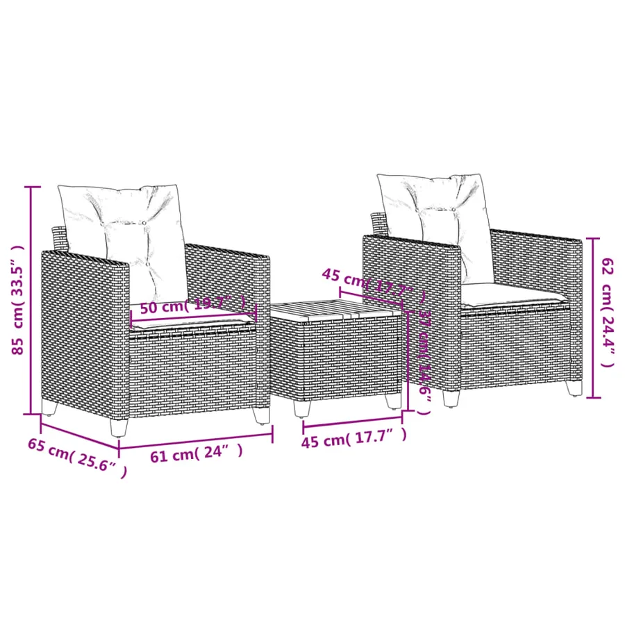 Ensemble de bistro 3 pcs et coussins gris résine tressée acacia - 8