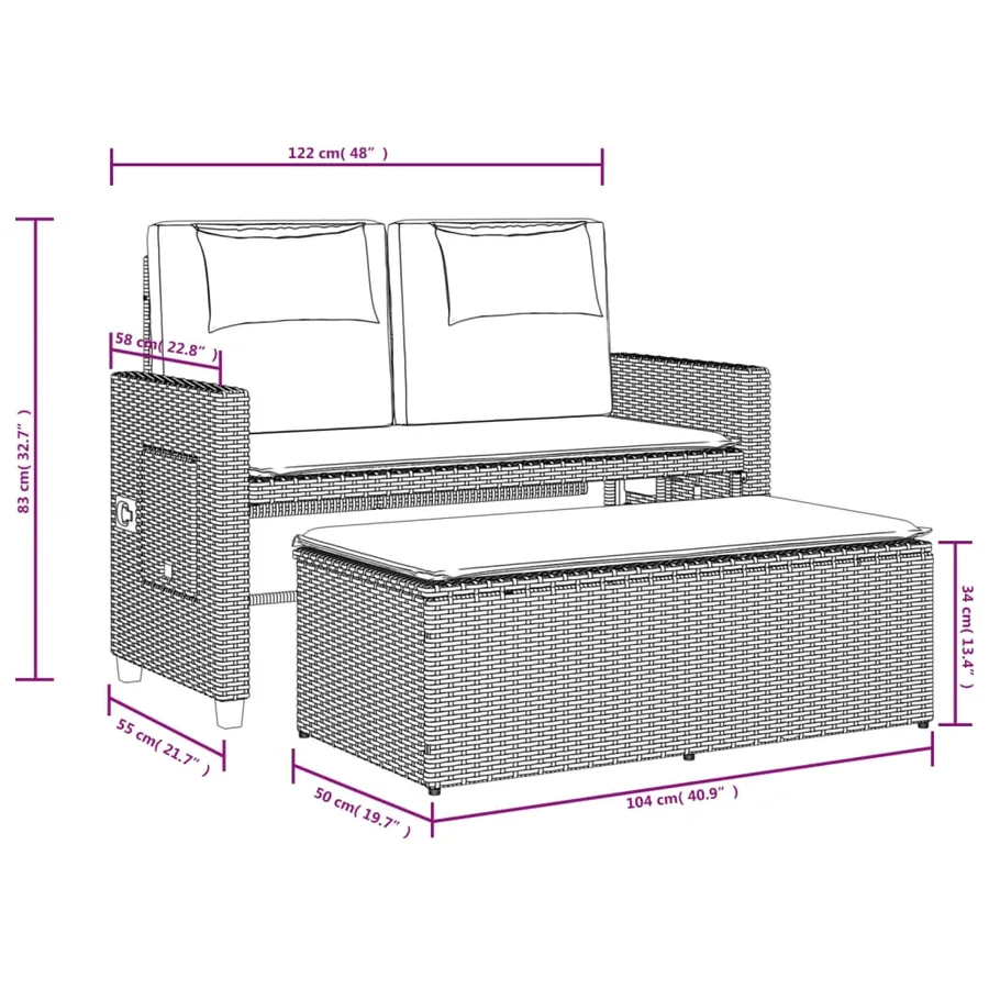 Banc inclinable de jardin et coussins gris clair résine tressée - 15