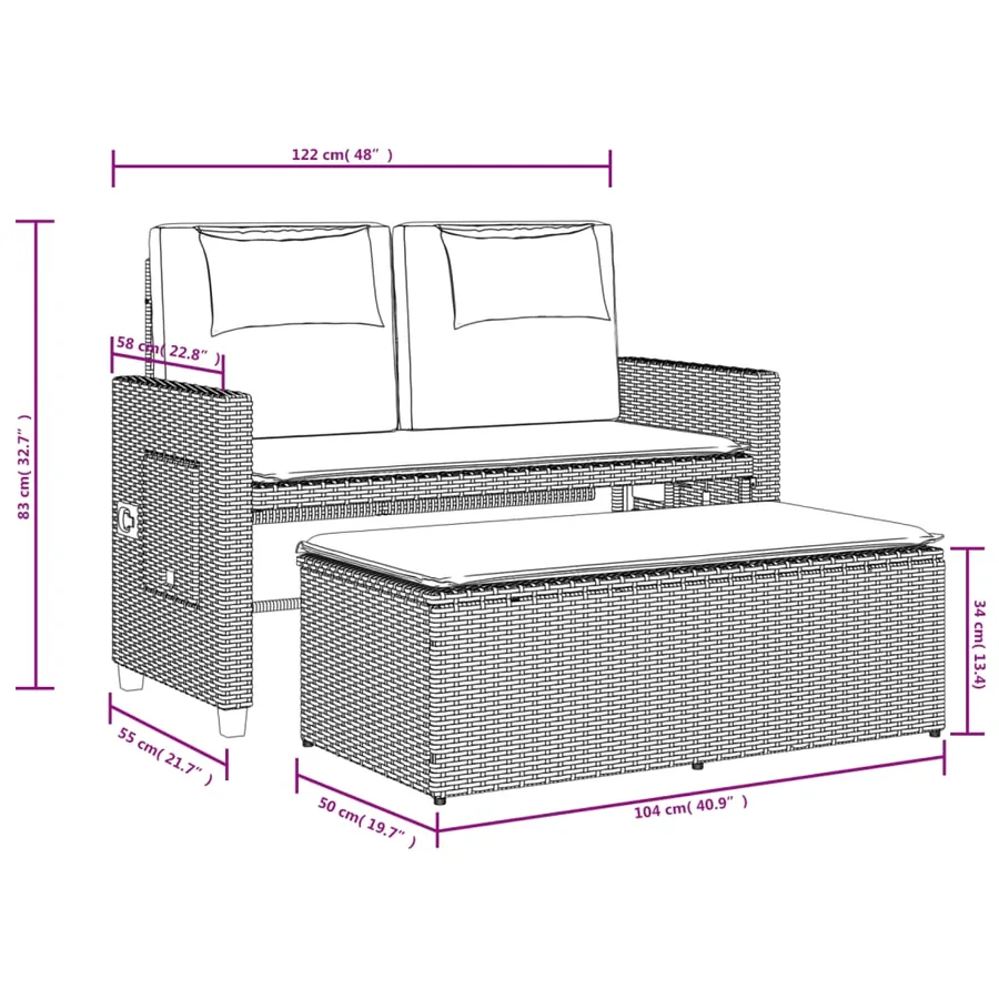Banc inclinable de jardin avec coussins beige résine tressée - 15