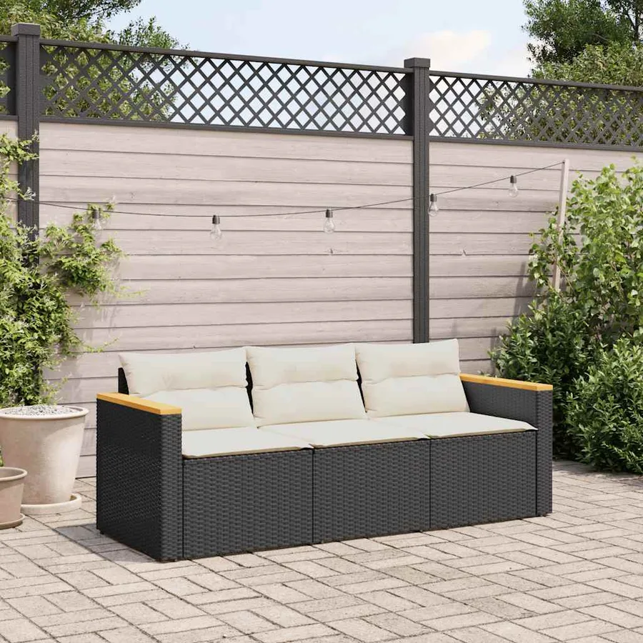 Canapé de jardin avec coussins 3 places noir résine tressée - 3