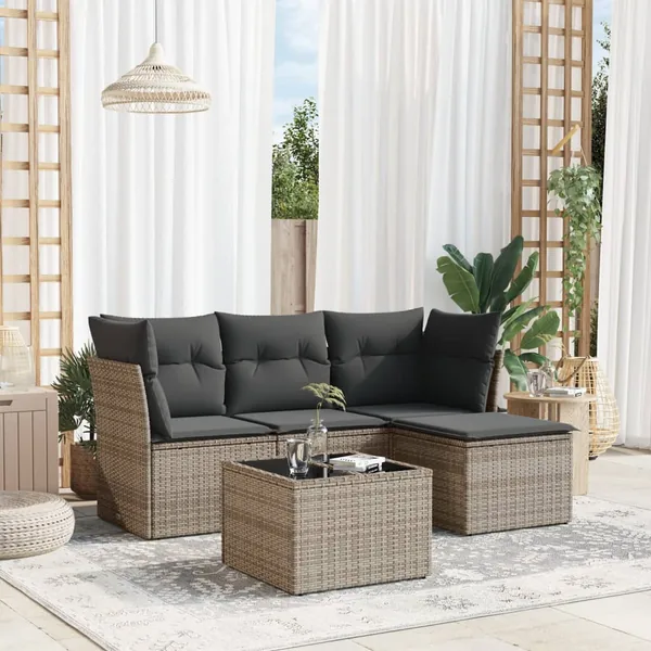 Salon de jardin 5 pcs avec coussins gris résine tressée