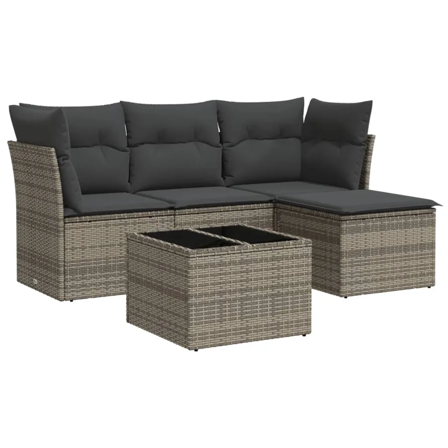 Salon de jardin 5 pcs avec coussins gris résine tressée - 2