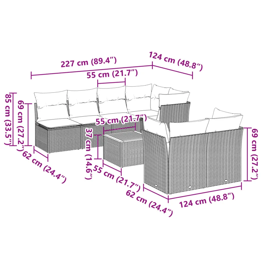 Salon de jardin 8 pcs avec coussins gris résine tressée - 10