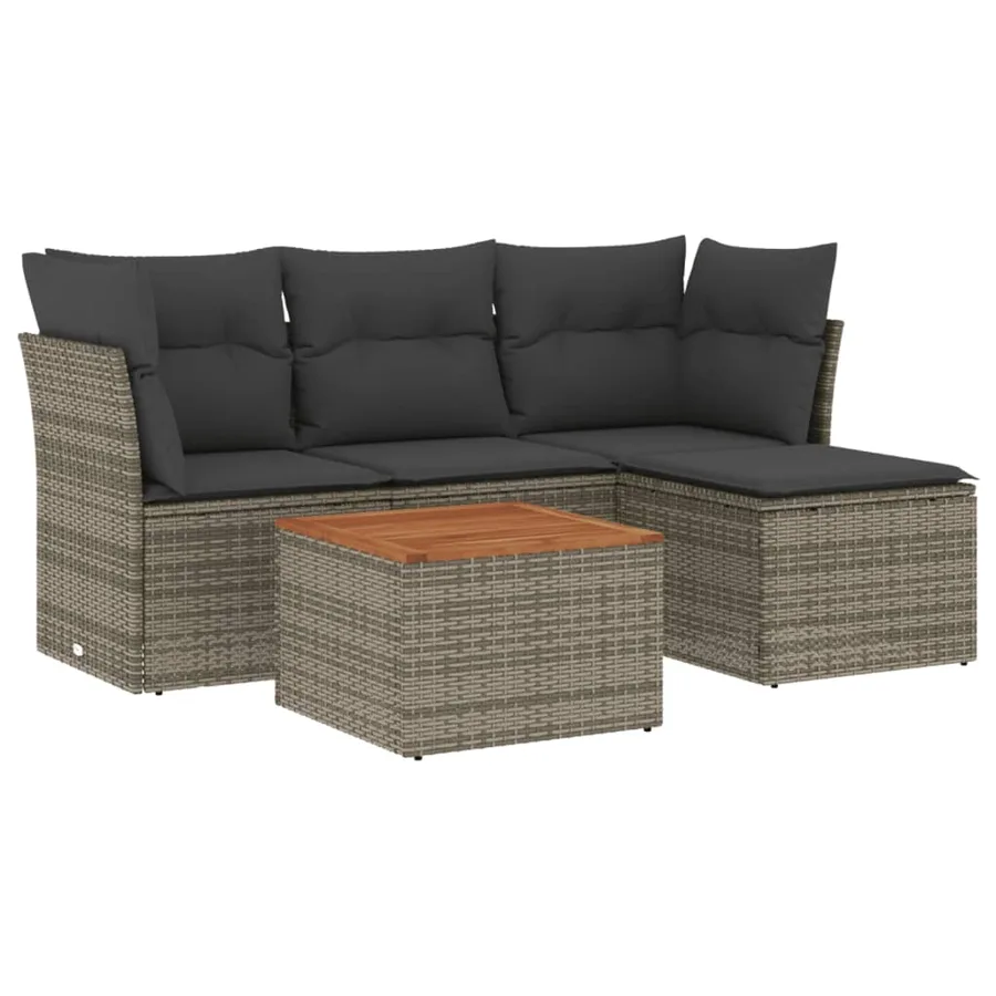 Salon de jardin 5 pcs avec coussins gris résine tressée - 2
